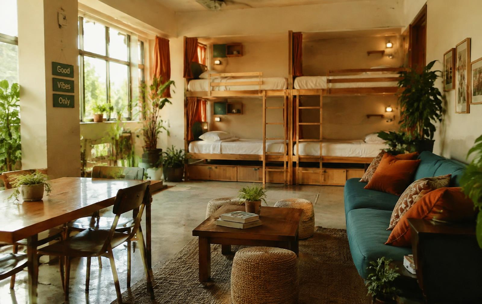 A bright, tidy hostel common room with bunk beds